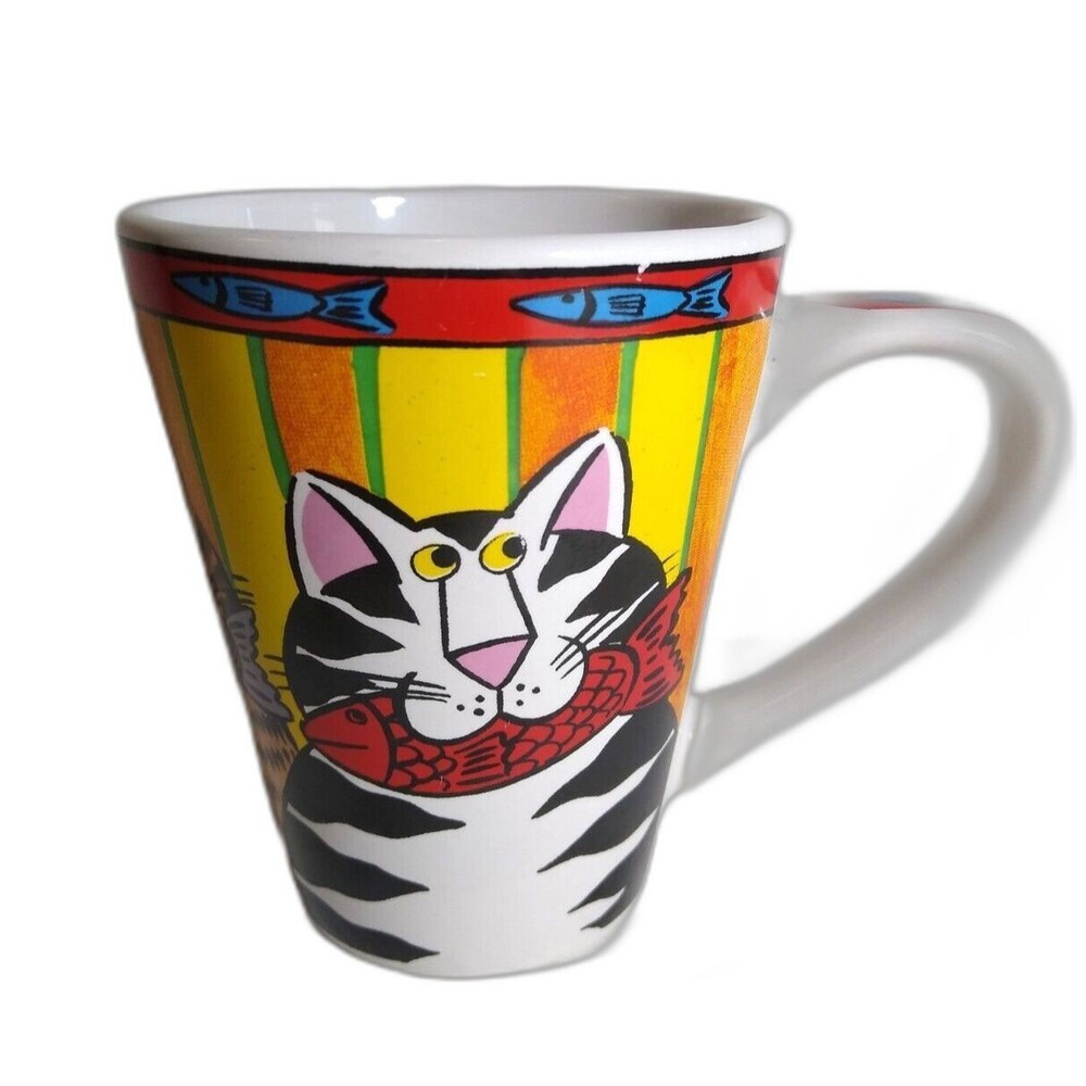 Catzilla Candace Reiter Designs Fish In Mouth Cats Coffee Tea Mug Vintage 2003